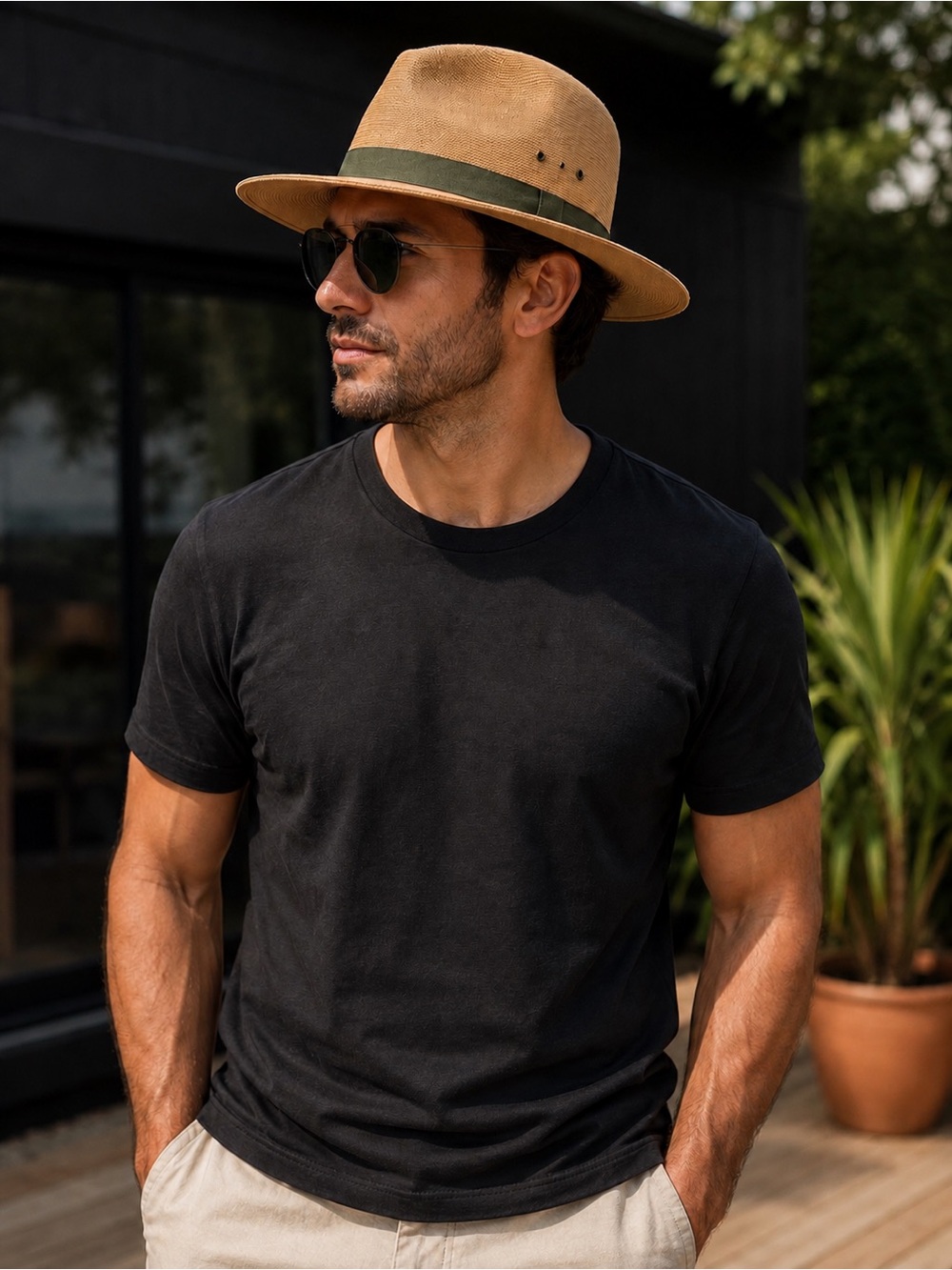 Men's Wide-Brim Straw Hat in Tan with Army green Band